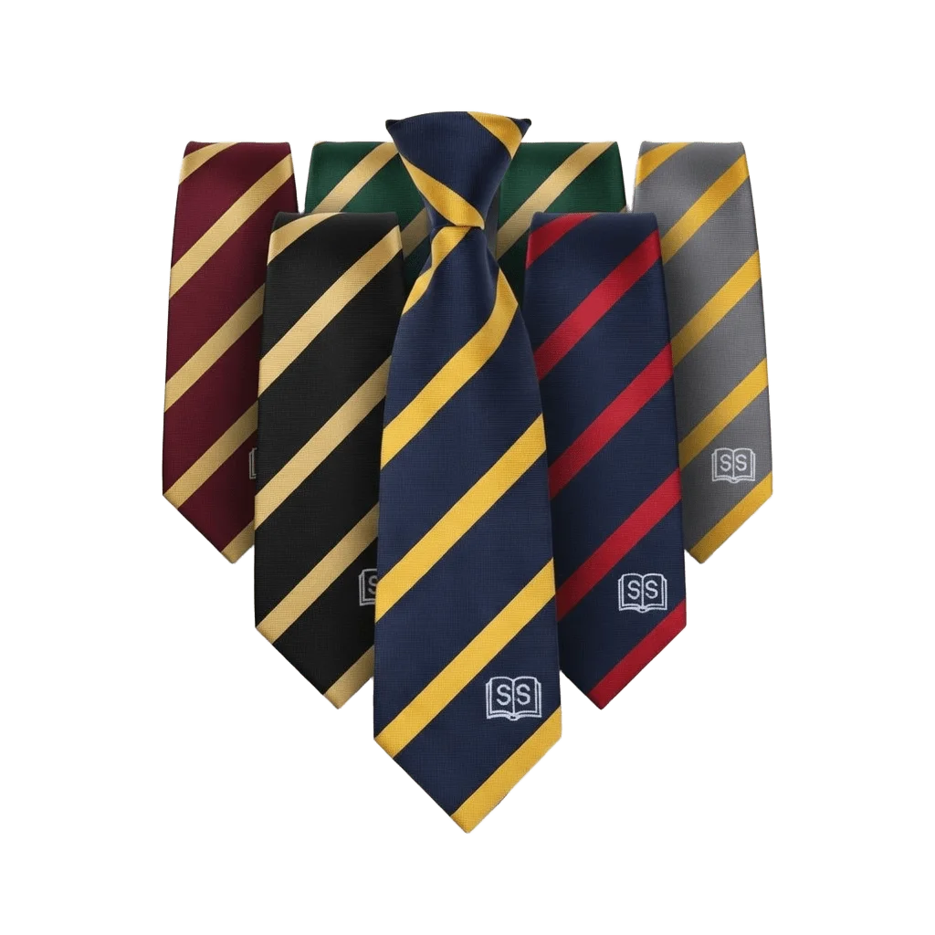 School ties manufactured in Kathmandu Nepal with custom stripes and school crest